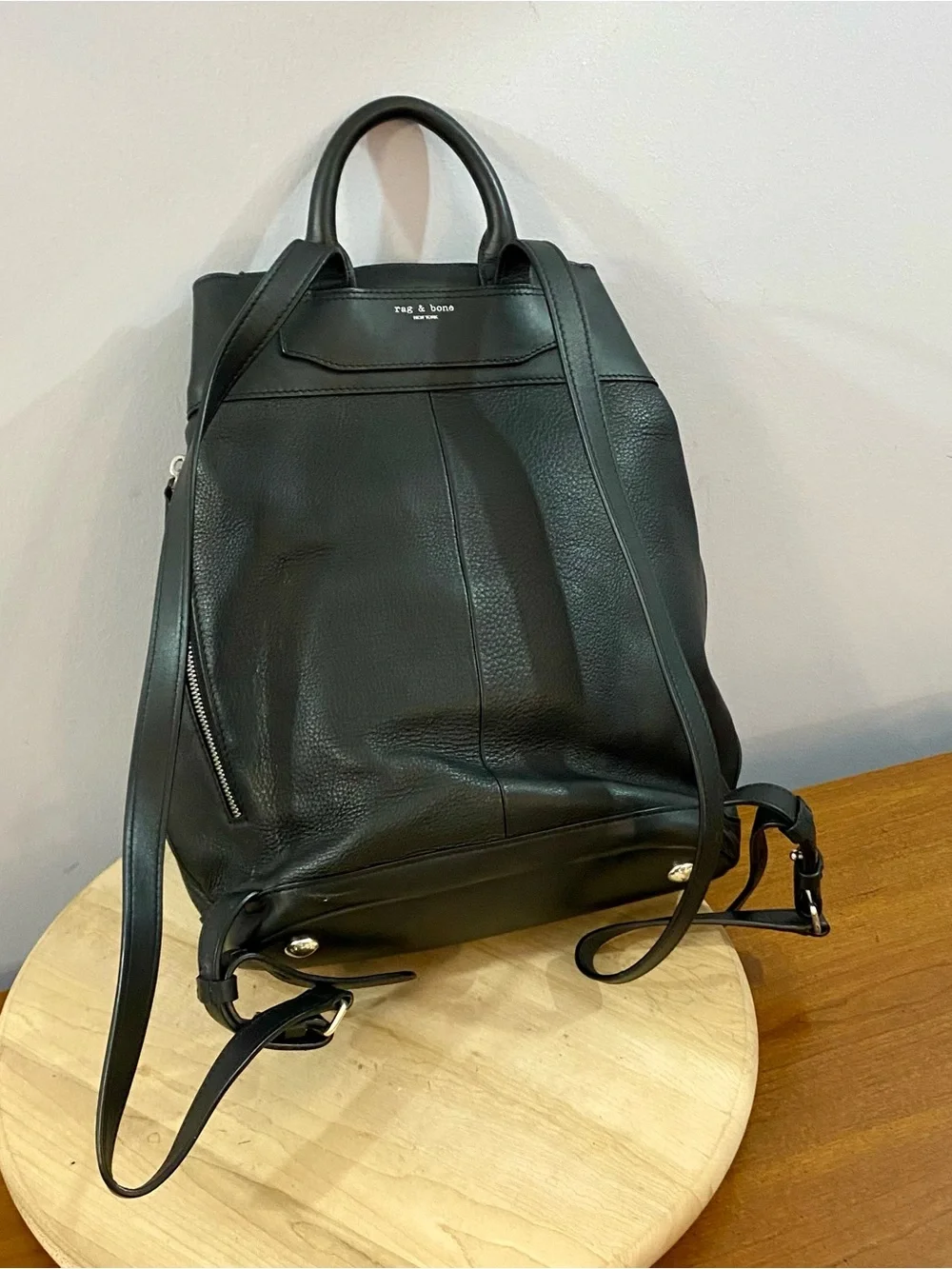 Rag & Bone Pilot Black Leather Backpack Flap Drawstring Top Handle Classic READ*